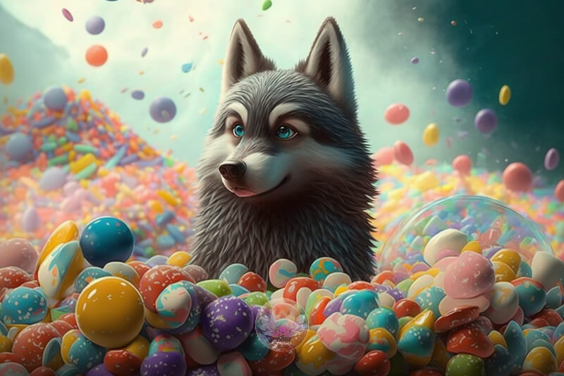 Cute grey wolf spirit in a candy word with his smile and happiness meaning for kid