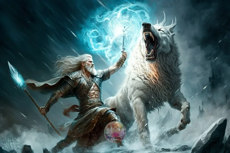 Fenrir white wolf fight with odin god in Raknarok battle in Norse mythology