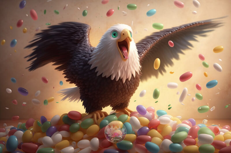 cute eagle playing in a candy word with happiness remind about childhood, joy and playful time