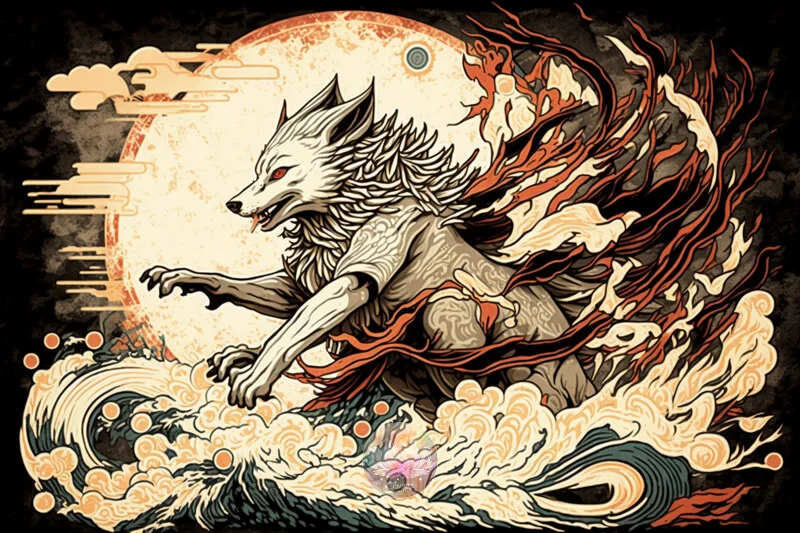 japanese wolf mythology art about the wolf god of Ainu in Hokusai style