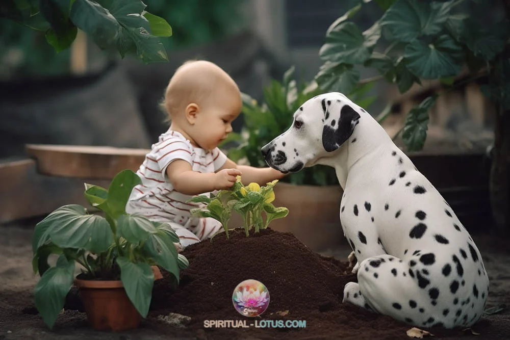 Dalmatian taking care the baby in garden