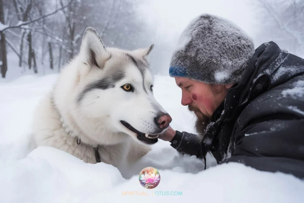 Siberian Husky rescue a man in winter forest