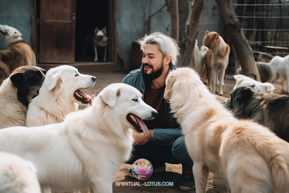A man playing happily with dogs in spiritual connection